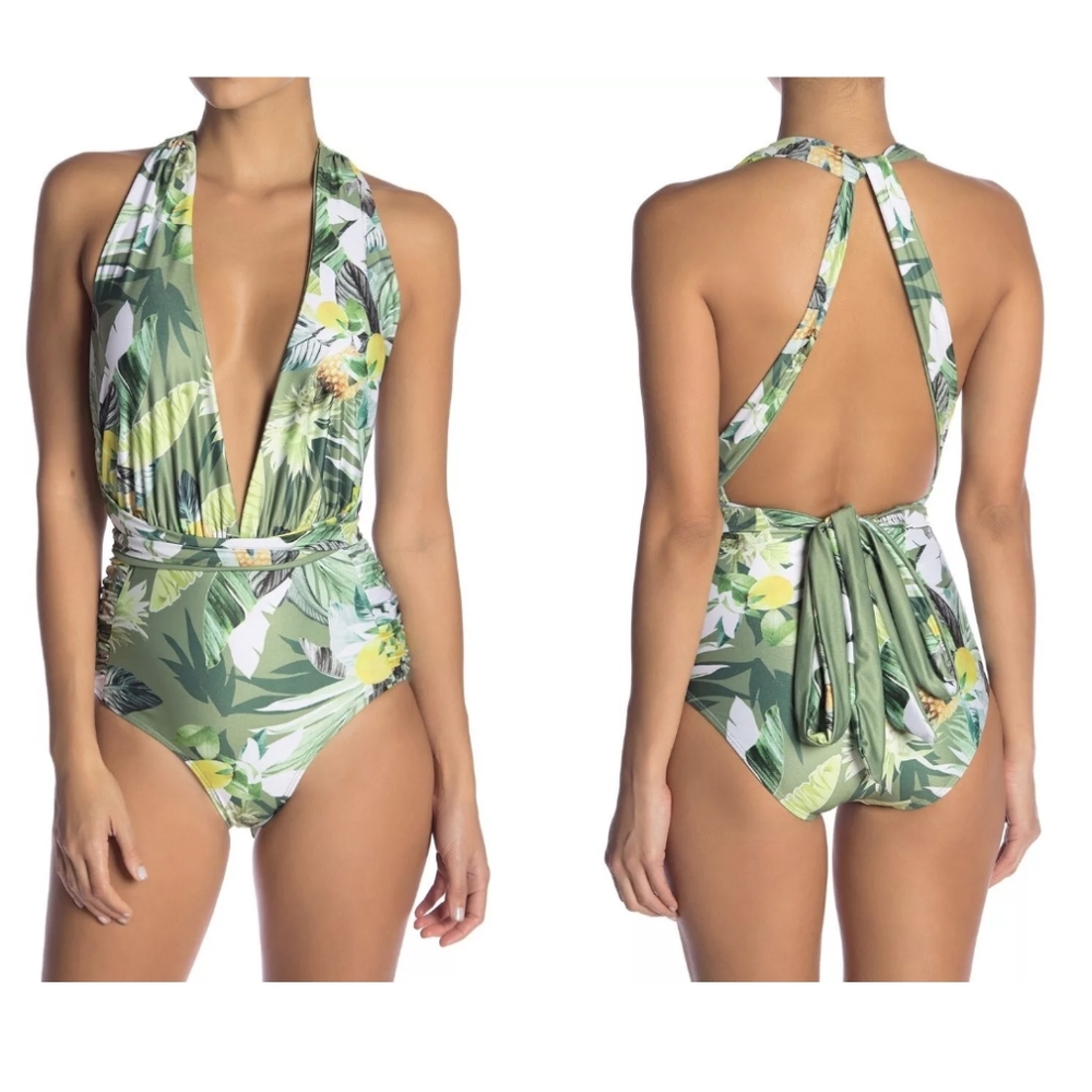 Tropical Green Leaf Print Wrap Ruched Halter Swimsuit Size Med
